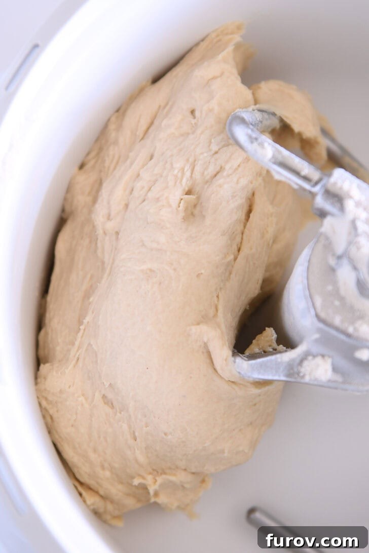Dough pulled away from sides of bowl in mixer with dough hook.