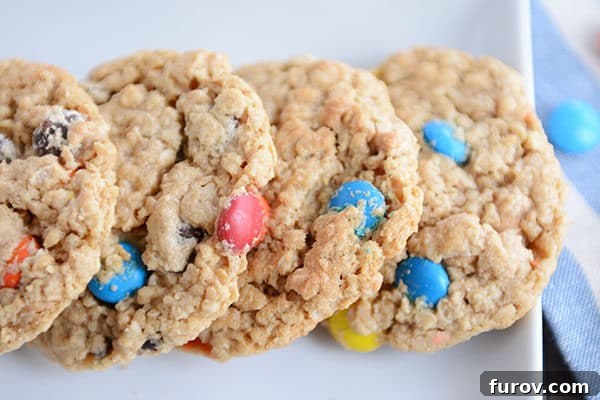 Epic One-Bowl Gluten-Free M&M Monster Cookies 7 Four perfectly round M&M oat cookies are neatly lined up side-by-side on a clean white platter, showcasing their uniform shape and appealing toppings.
