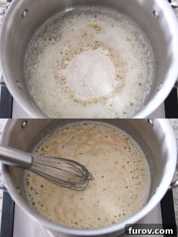 Melting butter and adding flour for roux.