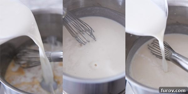 Step by step thickening roux with milk.