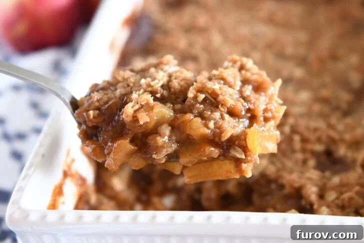 Gooey Caramel Apple Crumble 7 A serving spoon piled high with warm caramel apples and a buttery oat crisp topping, poised in front of a freshly baked pan of caramel apple crisp.