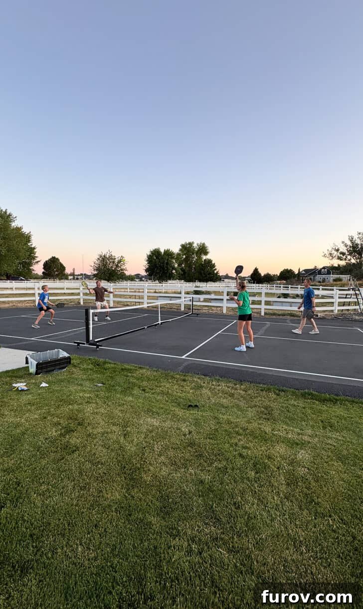 Playing pickleball outside.