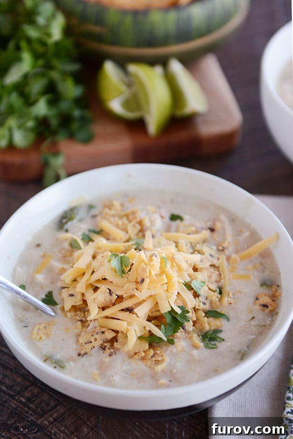 Velvety White Chicken Chili 8 A beautifully presented bowl of white chicken chili with shredded cheddar cheese and fresh cilantro sprinkled on top, ready to be enjoyed as a comforting meal.