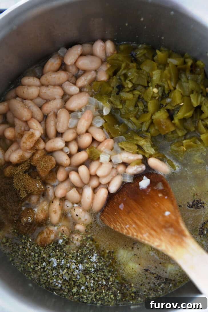 Velvety White Chicken Chili 3 Top down view of an instant pot full of white beans, broth, seasonings, and diced chiles, showing the initial ingredients for white chicken chili.