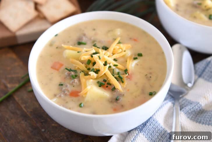 A white bowl holds a creamy, cheesy soup featuring cooked potatoes, carrots, and ground beef, generously topped with shredded cheddar cheese and fresh chopped chives.