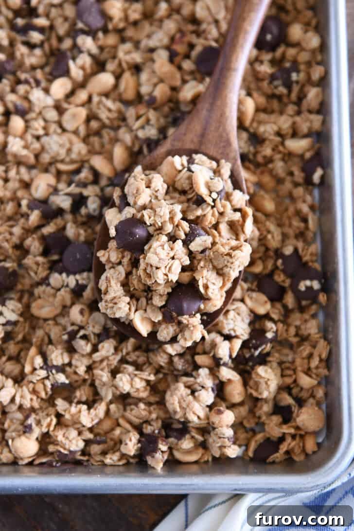 Wooden spoon filled with peanut butter granola with roasted peanuts and dark chocolate chunks resting on a sheet pan of freshly baked granola.