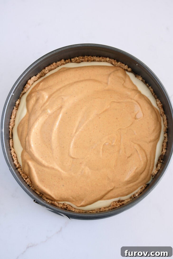 Golden Pumpkin Swirl Cheesecake 8 Top-down view of a 9-inch springform pan with a layer of plain cheesecake batter topped by an evenly spread layer of pumpkin cheesecake batter, creating the foundational layers.