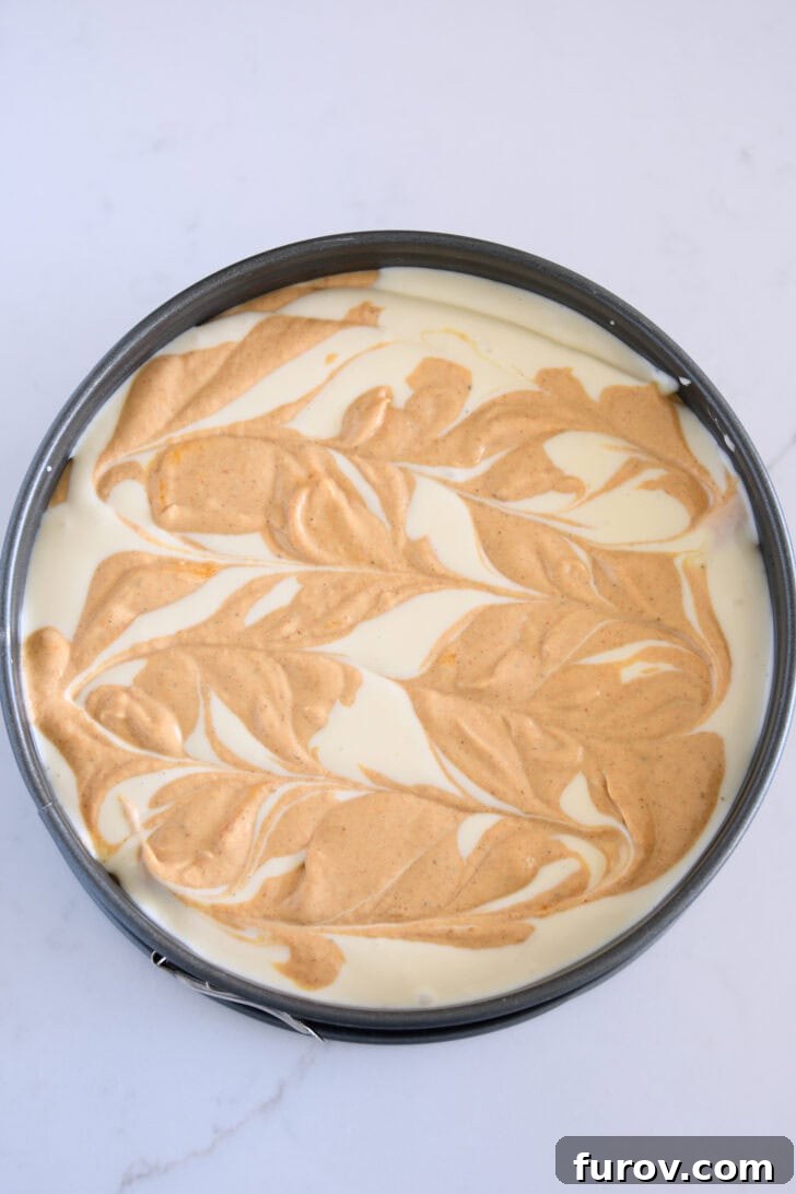 Golden Pumpkin Swirl Cheesecake 10 Top-down view of the pumpkin cheesecake batter artfully swirled into the regular cheesecake batter within a 9-inch springform pan, showcasing the beautiful marbled effect before baking.