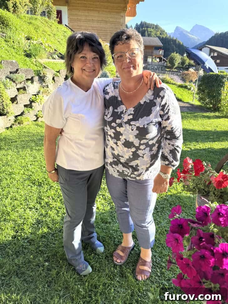 Two cousins standing together in yard of Swiss home, with text that mentions Mel's Kitchen Cafe Friday Thoughts.