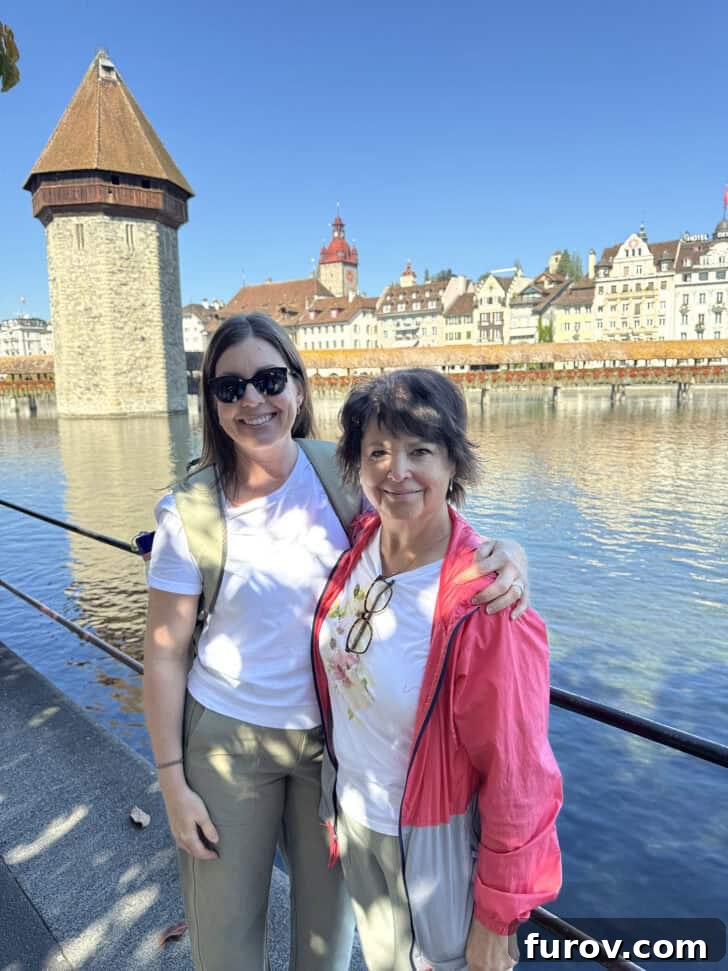 Mother and daughter standing in front of Chapel Bridge in Lucerne, with text that mentions Mel's Kitchen Cafe Friday Thoughts.
