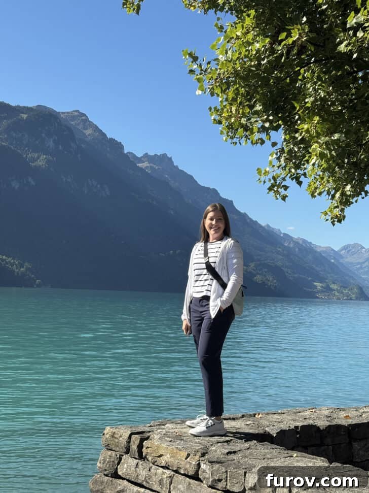 Mel standing on ledge by Lake Brienz, with text that mentions Mel's Kitchen Cafe Friday Thoughts.
