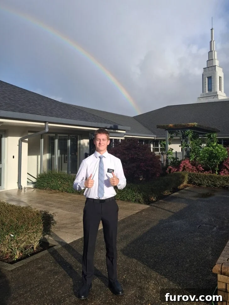 Young man in shirt and tie standing in front of building with rainbow, with text that mentions Mel's Kitchen Cafe Friday Thoughts.