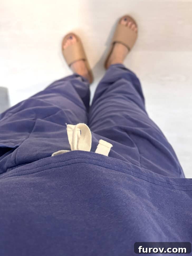 Purple sweat suit set and tan slides, with text that mentions Mel's Kitchen Cafe Friday Thoughts.