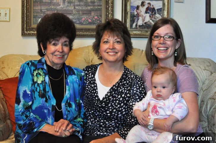 Grandmother, mother, daughter and child on tan couch, with text that mentions Mel's Kitchen Cafe Friday Thoughts.