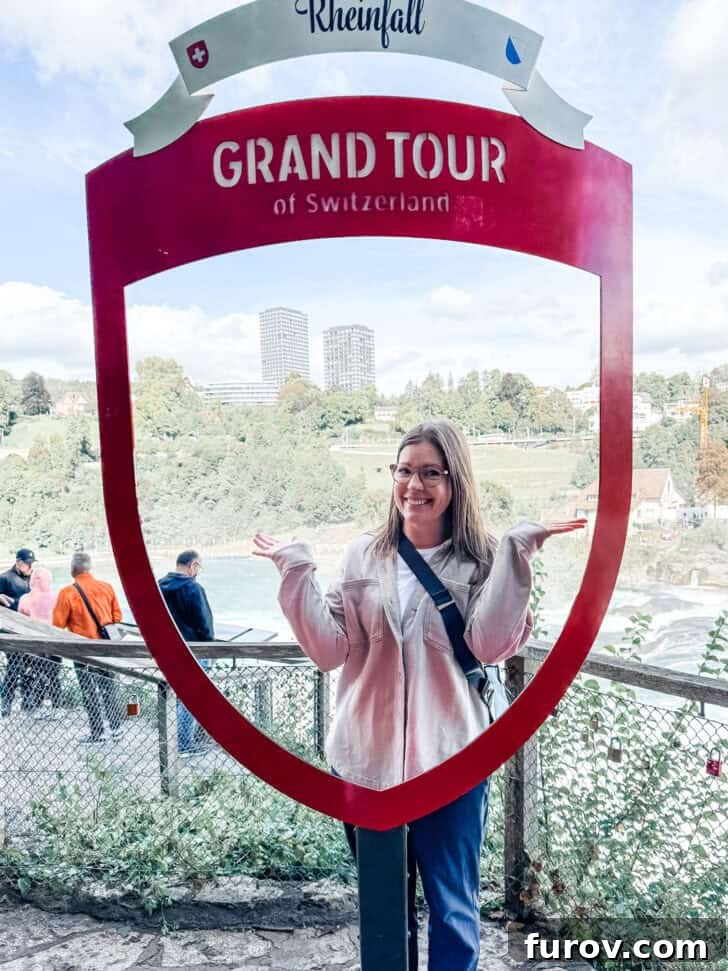 Mel standing in front of Rhine falls sign, with text that mentions Mel's Kitchen Cafe Friday Thoughts.