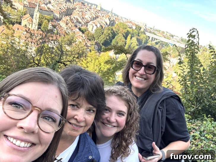 Four women standing at the top of Bern Rosengarten, with text that mentions Mel's Kitchen Cafe Friday Thoughts.