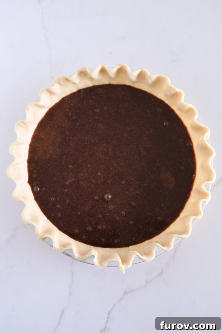 Velvet Chocolate Perfection 5 A top-down view of an unbaked 9-inch pie shell, perfectly crimped and ready, filled with the luscious, dark chocolate custard mixture.