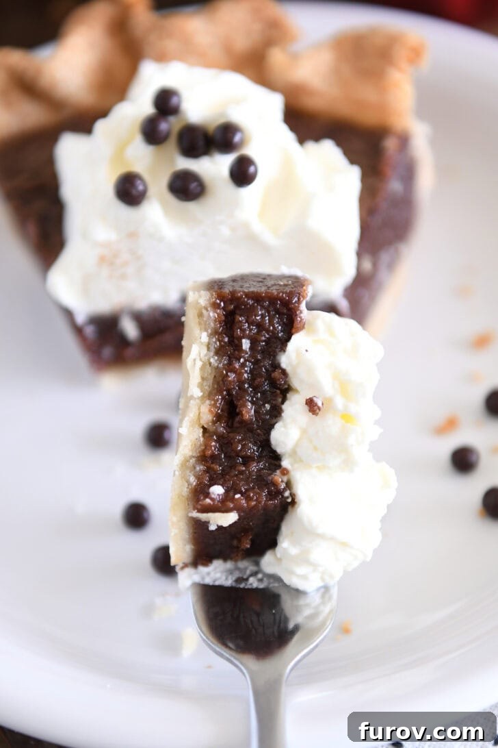 Velvet Chocolate Perfection 8 A close-up of a fork, laden with a bite of fudgy chocolate pie and a dollop of whipped cream, resting enticingly on a white plate, ready to be savored.