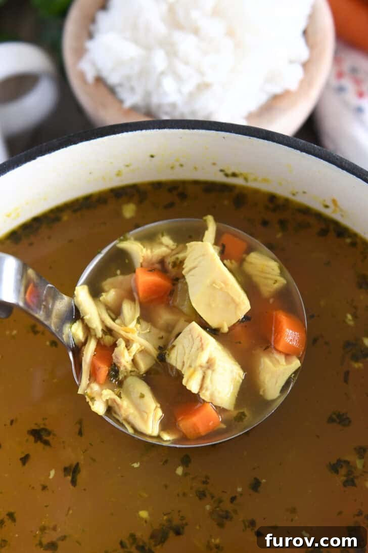 Ladle scooping a portion of tender cooked chicken, celery, and carrots from a bubbling soup pot, showcasing rich broth.