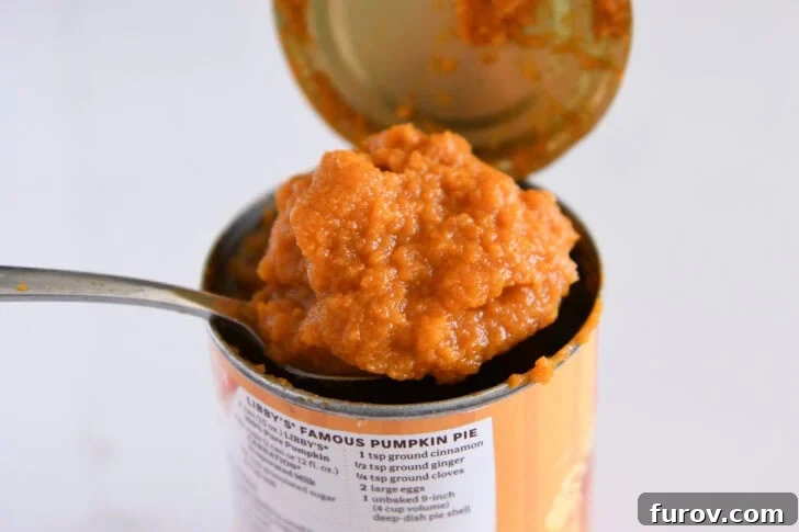 An open can of pumpkin puree with a spoon scooping out the last bit, symbolizing leftover pumpkin.