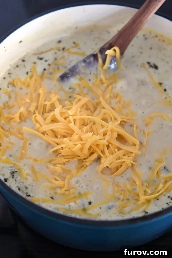 Freshly grated cheddar cheese in soup pot with creamy soup.