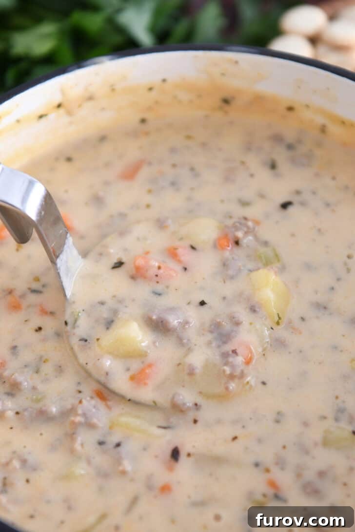 Ladle lifting up scoop of sausage potato soup in soup pot.