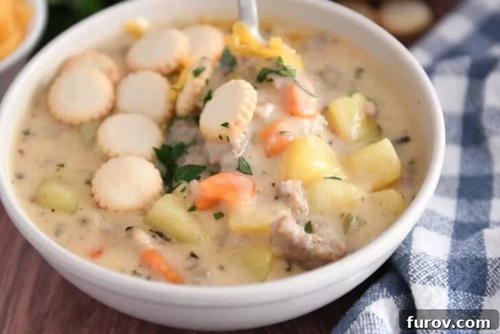 Soup bowl with sausage potato soup topped with oyster saltine crackers, fresh parsley and grated cheese and spoon on side.