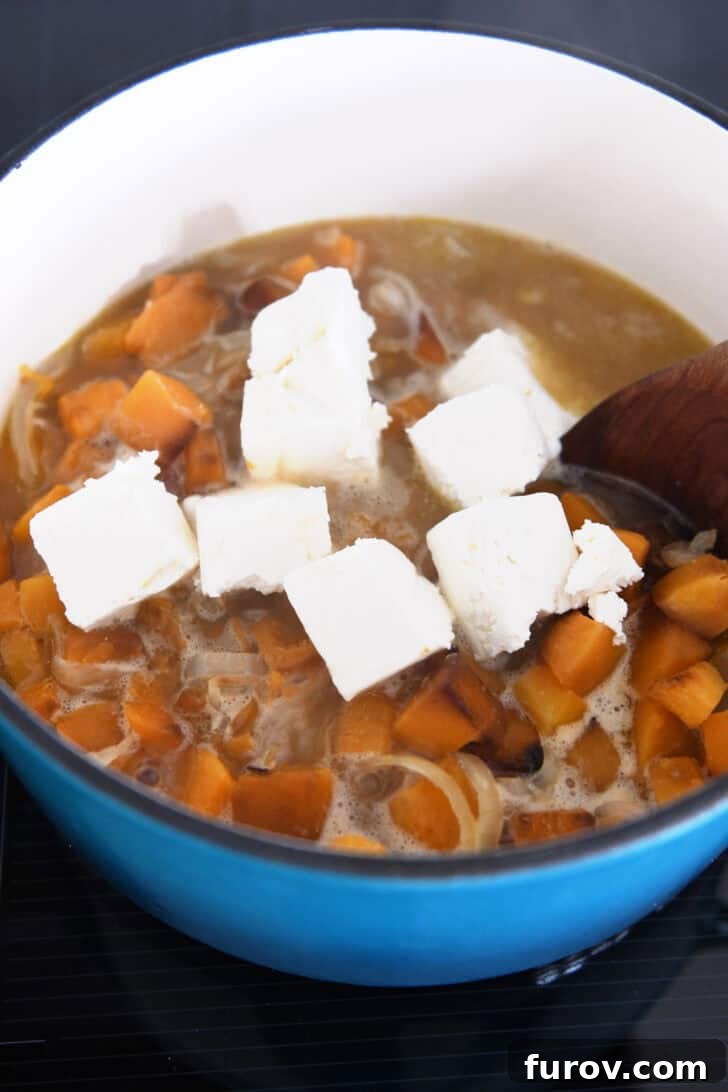 Soup pot filled with broth, roasted butternut squash, onions, and cubes of cream cheese melting into the hot mixture.