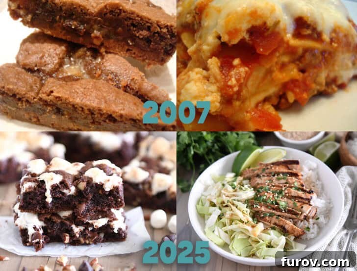 A Friday Medley of Celebrations Questions and Treasures 2 Food blog photos from 2007 and 2025, showing the evolution of food photography style.