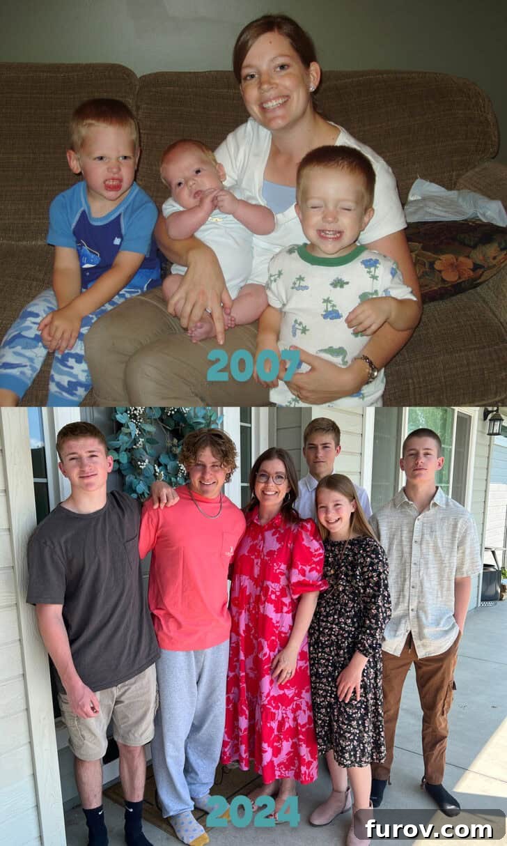 A Friday Medley of Celebrations Questions and Treasures 3 Family photos from 2007 and 2025, illustrating the growth of the author's children.
