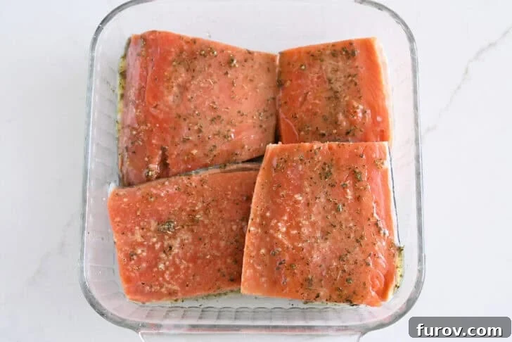 Top-down view of a glass square dish showcasing four salmon fillets, beautifully marinated in a mixture of lemon juice, olive oil, and garlic, absorbing the delicious flavors.