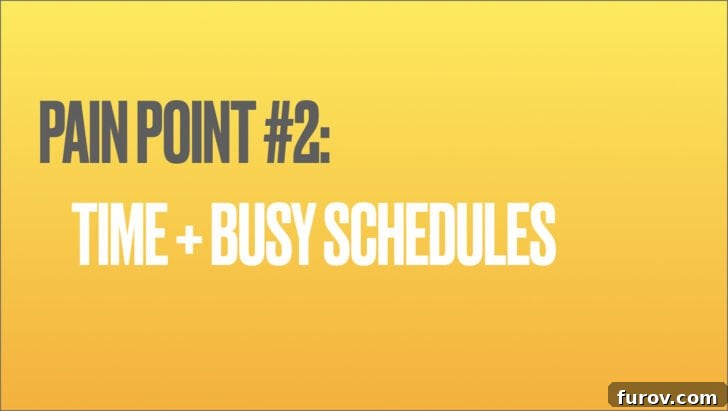 Yellow background with pain point #2: time + busy schedules. This section provides solutions for busy individuals.
