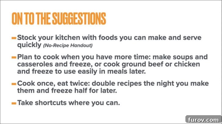 White background with suggestions on stocking kitchen with foods you can make and serve quickly. This focuses on efficient kitchen management.