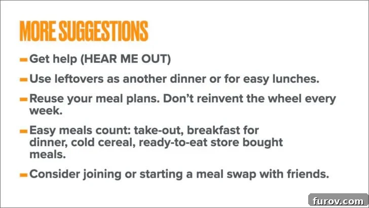 White background with orange lettering of more suggestions to meal plan. This image offers additional tips for streamlining meal preparation.