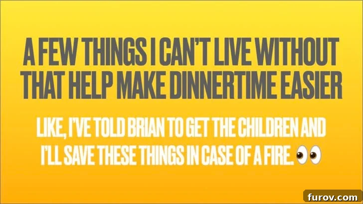 Yellow background with a fewthings I can't live without that help make dinnertime easier. This highlights useful kitchen gadgets.