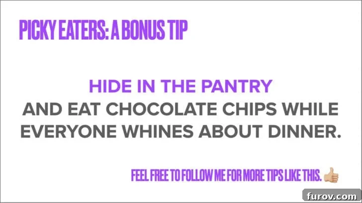 White background with purple lettering Picky eaters: a bonus tip. This section provides an extra piece of advice for dealing with picky eating.