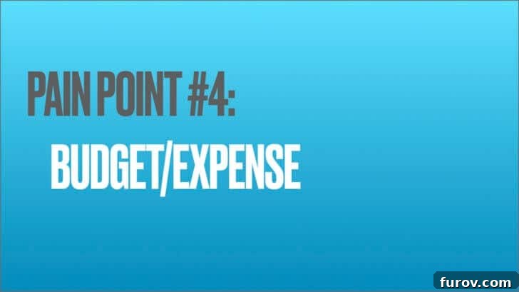 Blue background with pain point #4: budget/expense. This section addresses financial aspects of meal preparation.