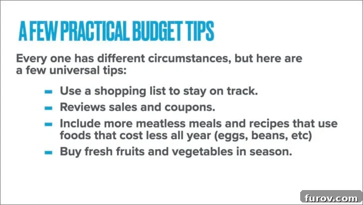 White background with a few practical budget tips. This image offers advice on saving money on groceries and meals.