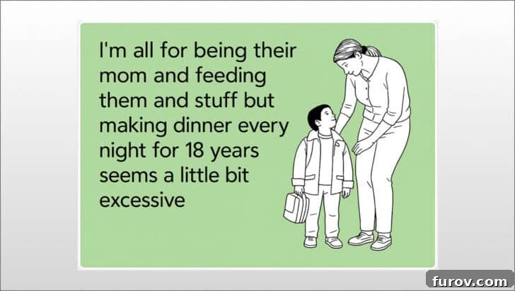 Meme on green background with mom and son, humorously depicting the daily struggle of making dinner.