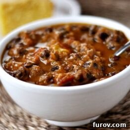 Black Bean & Pumpkin Chili in a white bowl
