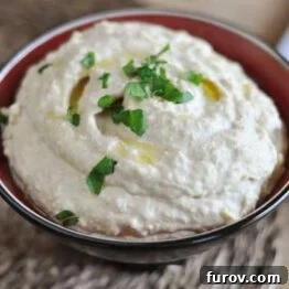 A close-up of a vibrant bowl of classic homemade hummus, garnished with olive oil and a sprinkle of fresh herbs.