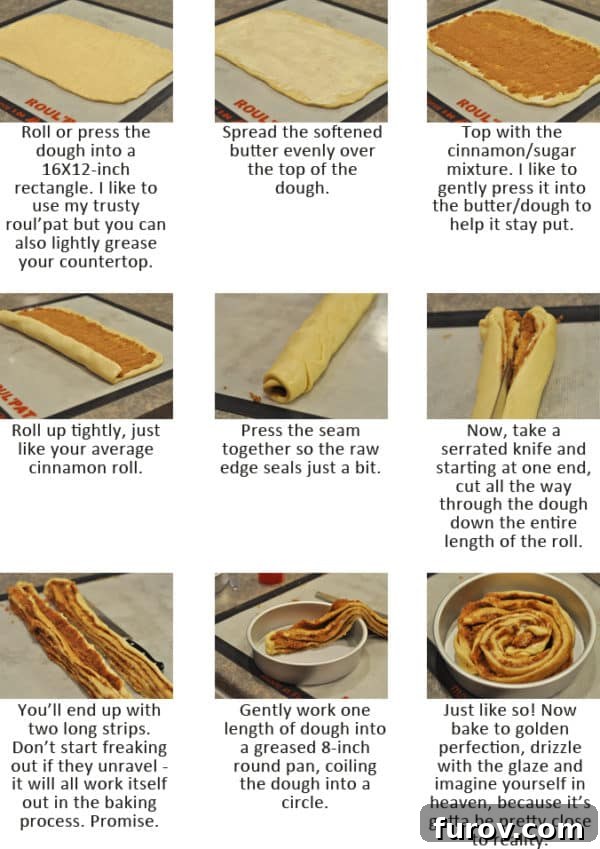Step by Step BLOG Step-by-step photos illustrating the unique method of slicing dough lengthwise and coiling it to form giant cinnamon rolls.