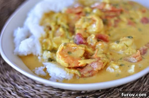 White rice topped with a coconut shrimp curry mixture, ready to be enjoyed as a hearty and satisfying meal.
