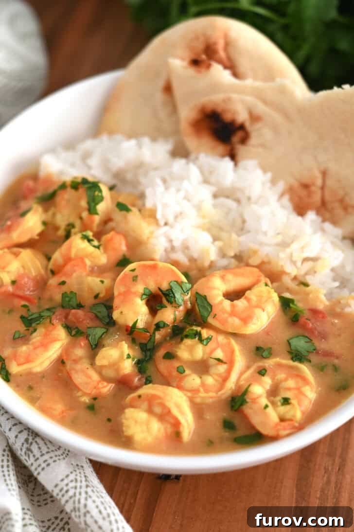 A white bowl with flatbread, white rice, and shrimp in a curry sauce, showcasing the complete meal setup.