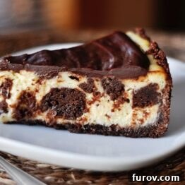 Brownie Patchwork Cheesecake 4 A close-up image of the finished Brownie Mosaic Cheesecake, showcasing its rich layers and tempting ganache.