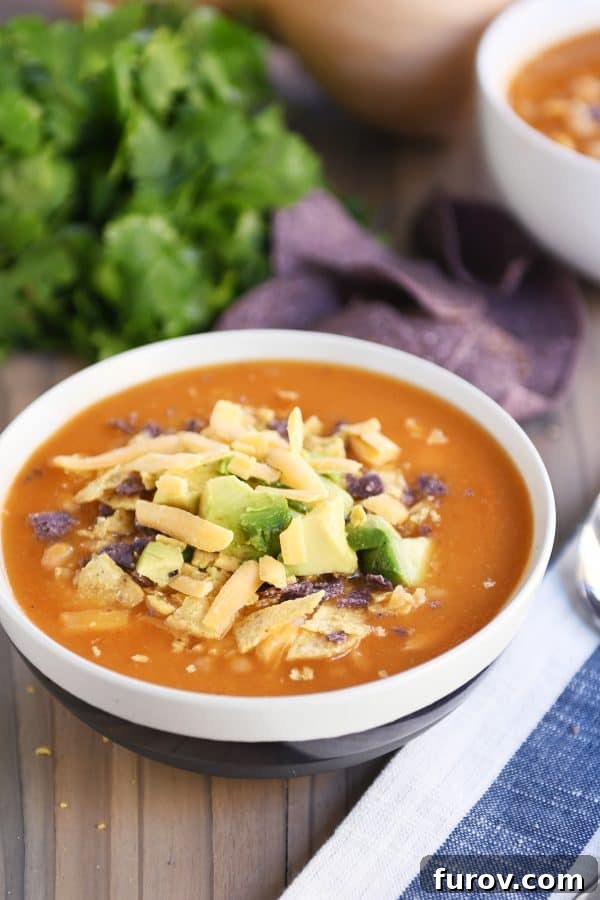 Close-up of a rustic tan bowl filled with creamy chicken enchilada soup, garnished with fresh cilantro and a swirl of sour cream, promising a delicious and comforting meal.