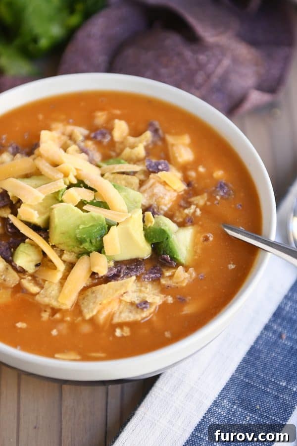 A vibrant bowl of chicken enchilada soup with a rich, creamy broth, garnished generously with colorful toppings like shredded cheese, a dollop of sour cream, and fresh cilantro, served in a stylish tan bowl.