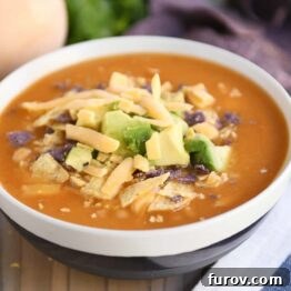 A bowl of the best chicken enchilada soup, garnished with fresh cilantro and a swirl of sour cream, ready to be enjoyed.