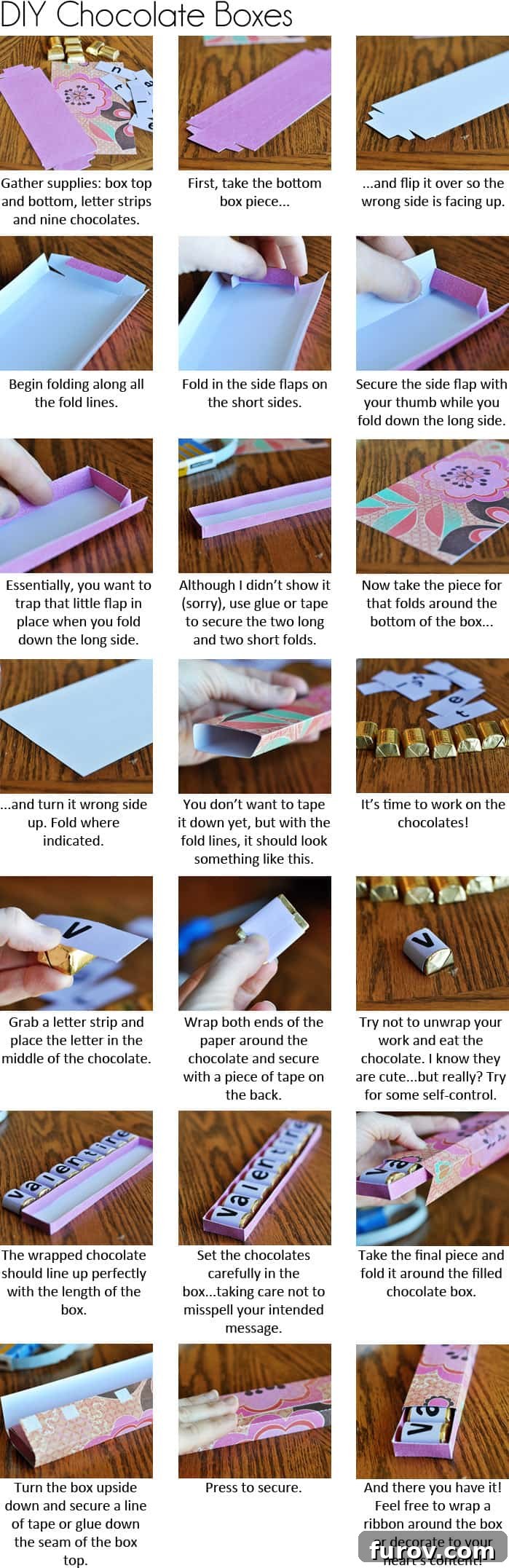 Step-by-step visual guide for crafting a homemade Valentine's Day chocolate box, presented as a detailed picture collage.