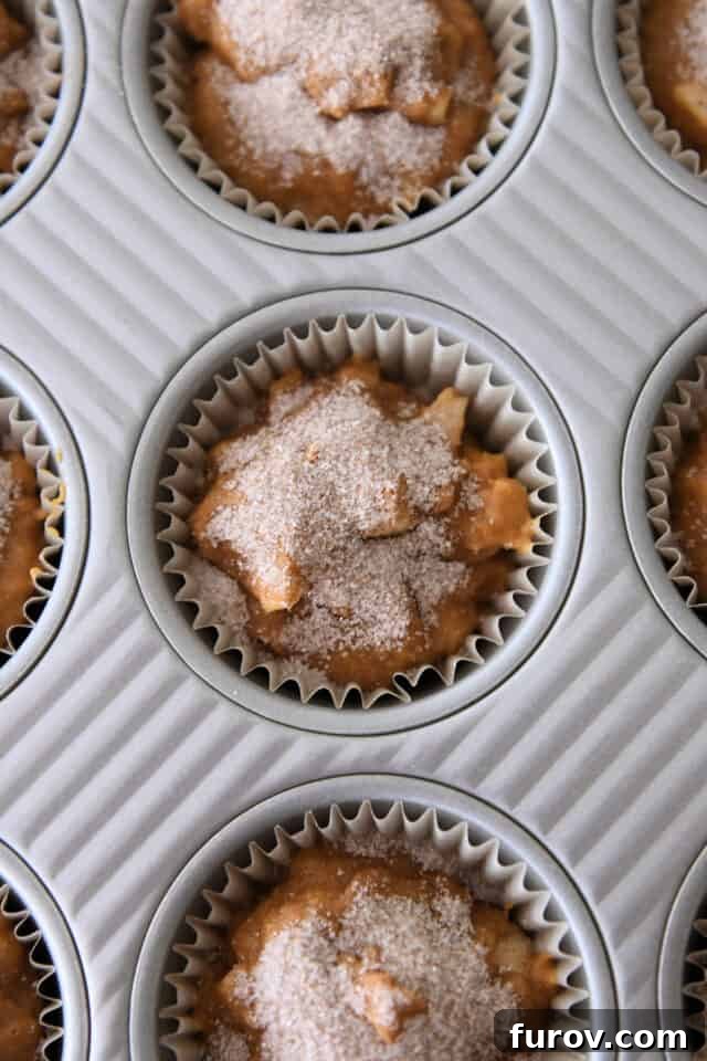 Unbaked pumpkin muffin batter in muffin tins, generously topped with cinnamon sugar before baking, promising a delicious crust.